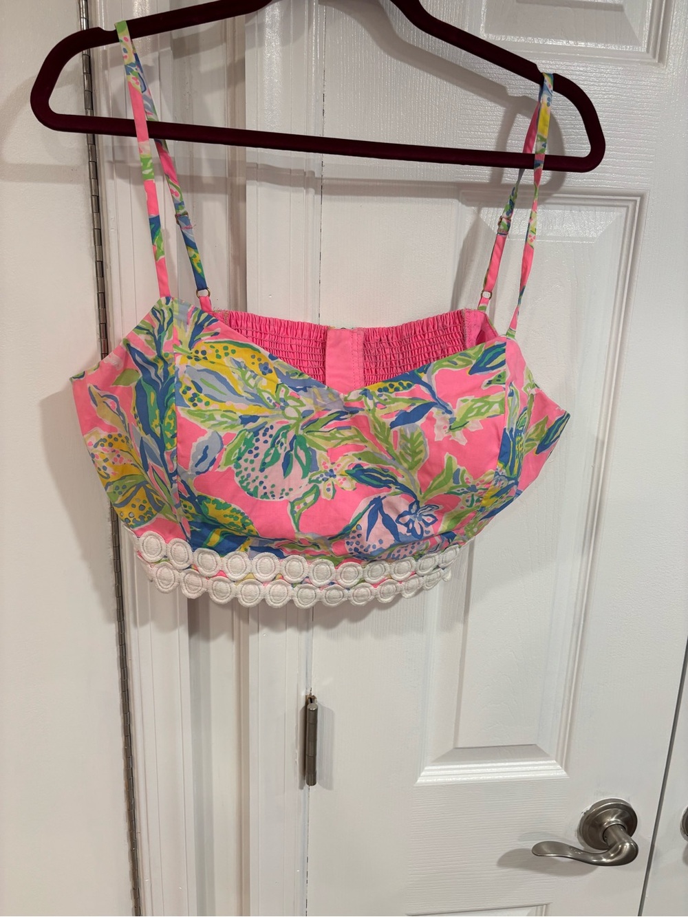 Lilly Pulitzer Pink Tropical Print Crop Top with lace White Trim